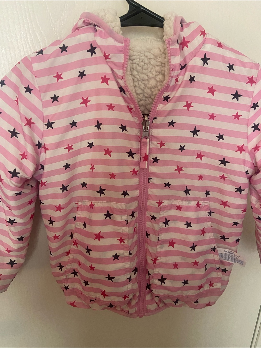 Girls' Pink Star-Print Hooded Puffer Jacket with Sherpa Lining
